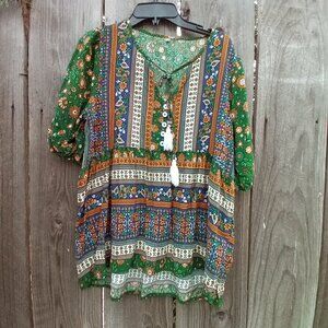 UNBRANDED TUNIC TOP WOMENS SZ M GREEN FLORAL PRINT BOHO V NECKLINE PULLOVER TIE